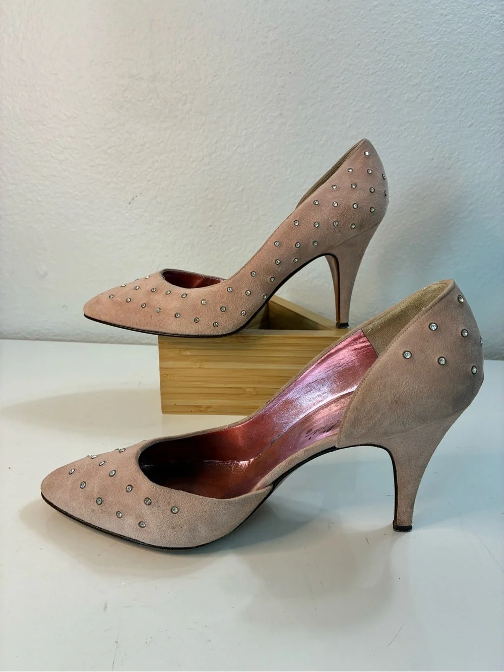 Garolini 10M Women’s Suede Pointed Toe Slip-On Rhinestone Pink Pumps Italy READ
